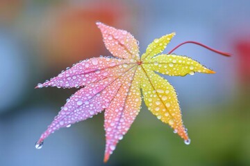 Dew Drops on Colorful Autumn Maple Leaf