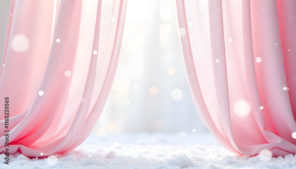 Poster A delicate pink curtain drapes against a white background, complemented by a soft snowfall design and blurred bokeh, creating an abstract and tranquil atmosphere