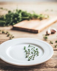 Herb garnishing kitchen table food rustic setting close-up view culinary presentation