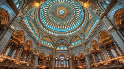 Obraz premium Stunning view of an opulent dome featuring intricate details, vibrant colors, and elegant columns inside a historical building, showcasing architectural beauty and grandeur