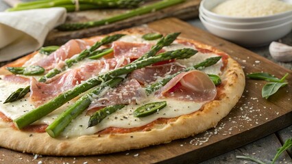 Delightful asparagus and prosciutto pizza garnished with fresh herbs on a rustic wooden board