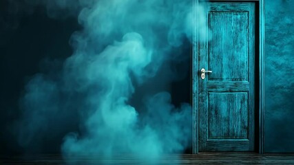 Mysterious blue door shrouded in swirling mist creates an eerie atmosphere in a dimly lit room