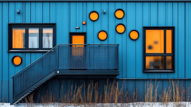 Modern blue building exterior with orange windows and metal staircase.