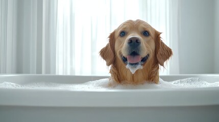 Golden retriever enjoying a relaxing bath at home indoor pet photography bright atmosphere playful mood