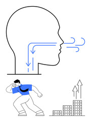 Outlined head illustrating airflow with arrows, man in action symbolizing effort, and rising bar graphs symbolizing growth. Ideal for health, productivity, effort, teamwork, progress, goals abstract
