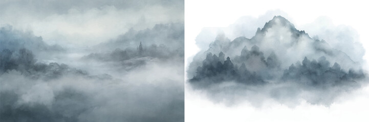 Misty mountains and forests blend harmoniously in a soft watercolor composition, exuding tranquility.