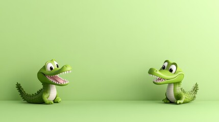 Fototapeta premium Two cheerful cartoon crocodiles on a light green background.
