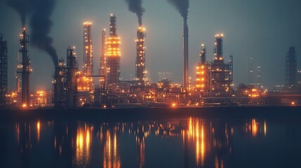 Fototapeta premium Petrochemical Plant at Night with Smoke and Reflected Lights
