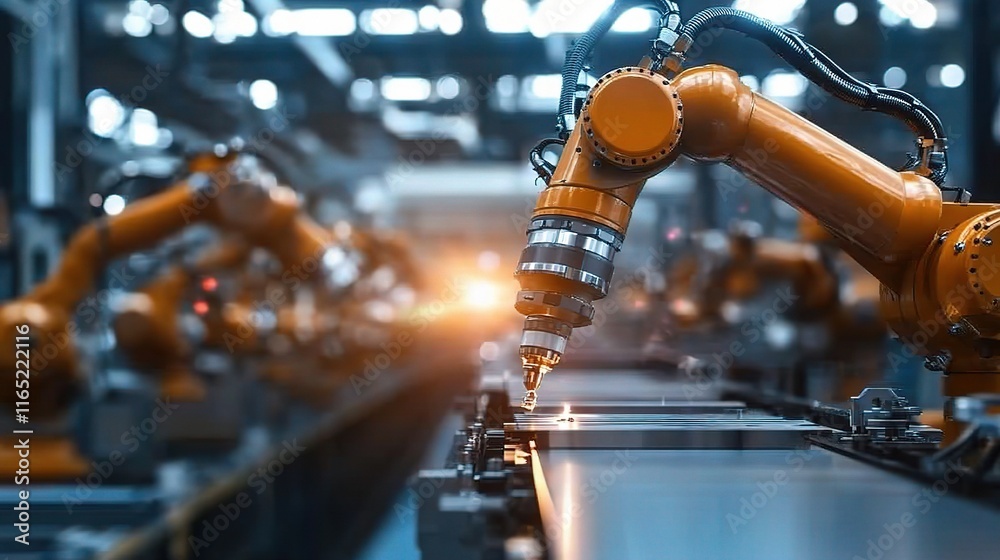 Poster worker operating cnc machine in modern factory environment