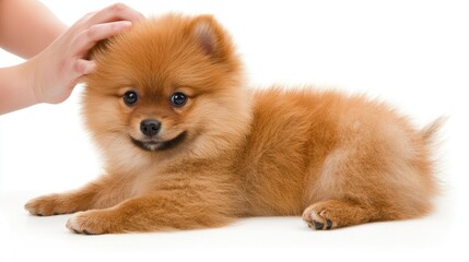 Obraz premium Playful pomeranian puppy being petted at home adorable pet photography cozy indoor setting