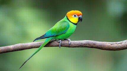 Obraz premium Vibrant green parrot perched on a branch in a natural setting.