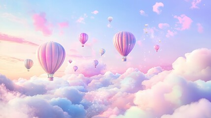 Obraz premium Pastel Hot Air Balloons Soaring Above Dreamy Clouds