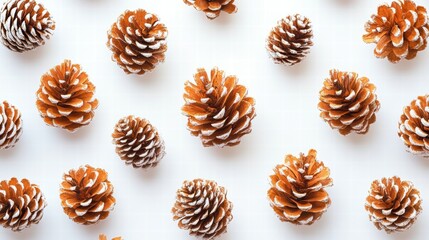 Golden Pine Cones on White Background, Festive Winter Pattern