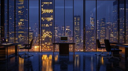 Modern office interior with city skyline view at night.