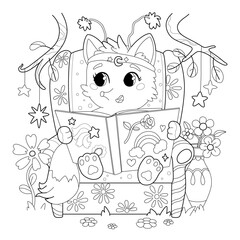 Cute red fox sitting and reading book.