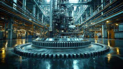 Fototapeta premium Industrial machinery in a large manufacturing facility with intricate equipment and reflections.