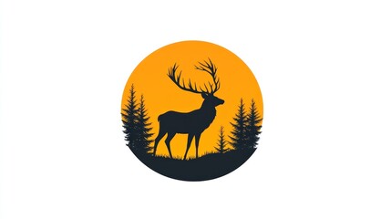 Deer silhouette in sunset forest circle.