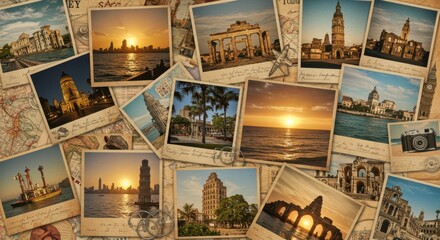 Captivating travel memories: vintage postcards of iconic landmarks and scenic sunsets