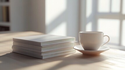 Calm Office Desk Scene with Laptop, Coffee Cup, and Notebooks