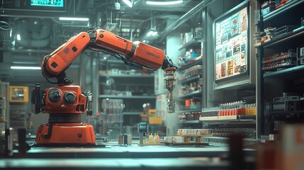 Fototapeta premium Robotic Arm Assembling Components in Modern Industrial Factory Setting