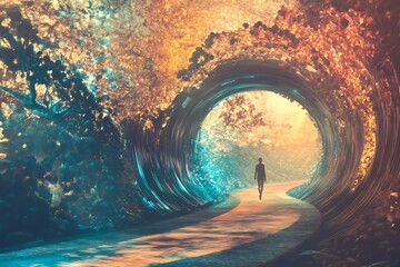 Obraz premium A Person Walks Through A Colorful Tunnel Of Light