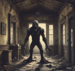 Illustration of creepy monster in dark room.