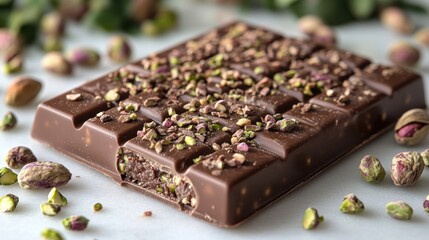 Dark chocolate bar with pistachio filling and topping.