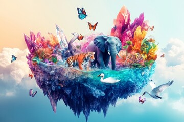 Enchanted Floating Island: A Symphony of Wildlife and Crystals