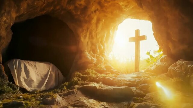 Resurrection of Jesus Christ. Tomb empty with shroud and crucifixion at sunrise with abstract magic lights. Easter concept.