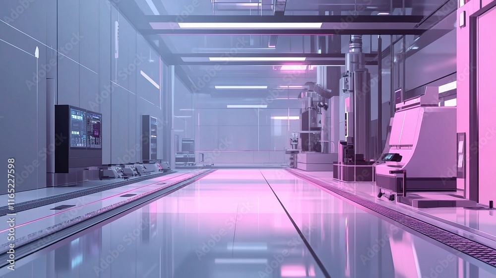 Poster high-tech factory floor with automated systems monitoring operations
