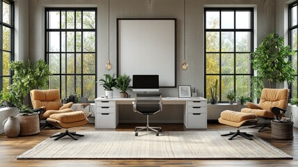 Modern home office with large windows, desk, chairs, and plants.