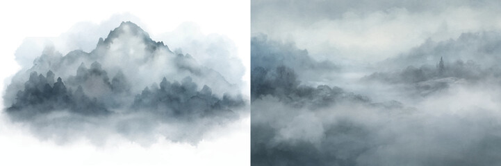 Dramatic misty mountains and dark trees create a captivating watercolor landscape.