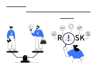 Professionals balancing on scales, one holding a lightbulb and a briefcase. Magnifying glass highlights RISK amidst icons. Ideal for business strategy, teamwork, ideas, analysis, leadership