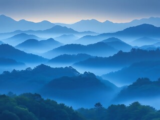 Fototapeta premium Serene Blue Mountains Mist Shrouded Peaks