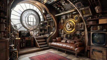 Obraz premium A steampunk-themed living space with mechanical art installations, brass accents, and vintage furniture in a cozy loft