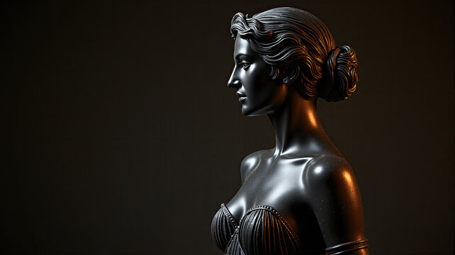 Sad beautiful greek woman statue, sculpture on black background, female figure in ancient style, polished stone, motivation, emotion, mental, philosophy, resilience, expression, archeology, roman, art