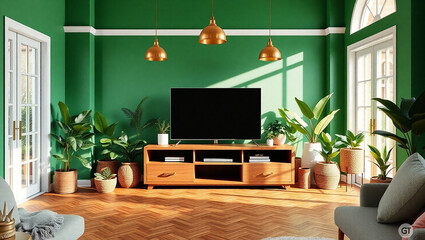 Modern Living Room with TV Cabinet Against Dark Green Wall – Stylish Home Decor, legant Home Interior Featuring TV Cabinet and Green Accent Wall.