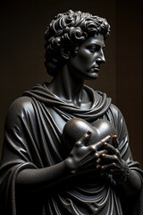 Emotional Greek man statue holding black heart, sculpture, black background, male figure in ancient style, polished stone, abstract, philosophy, stoicism, resilience, valentine, love, self awareness