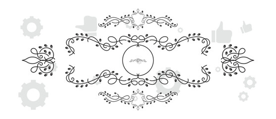 Set of vintage design elements. Wreath, frames, calligraphic, swirls divider, laurel leaves, ornate, award, arrows. Decorative vintage line elements collection. Vector illustration.