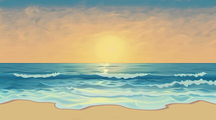 Obraz premium Beautiful Sunset Beach Illustration with Gentle Waves and Golden Sky, Perfect for Travel and Relaxation Themes