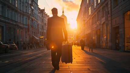 Rear view of a business traveler pulling wheeled luggage under a golden sunset in Munich, Bavaria, Germany, highlighting a dynamic corporate journey