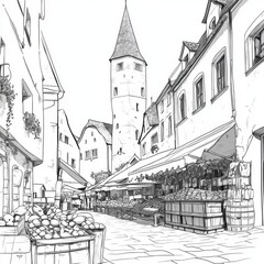 Fototapeta premium Sketch of a charming European street market with a medieval tower.