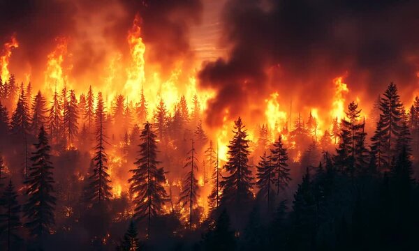 A dramatic forest fire engulfing trees, showcasing the destructive power of wildfires.