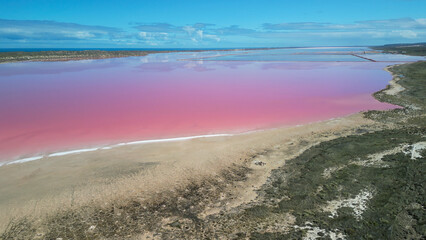 Aerial view of Hutt Lagoon, the stunning pink lake in Port Gregory, Western Australia