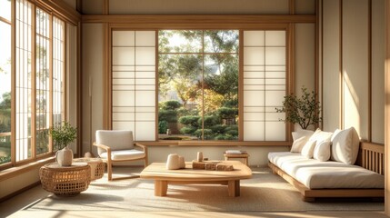 A tranquil Japandi-style living room with clean lines, neutral tones, and a mix of Scandinavian and Japanese design elements