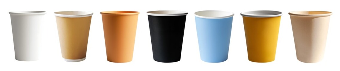 Collection set of disposable takeaway recyclable paper craft cup on transparent background cutout PNG file. Many different style template. Mockup template for artwork design