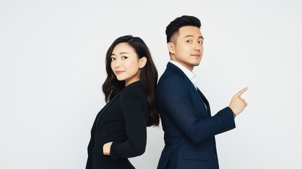 A full-body side view of three and two business people facing each other, with one pointing at a white screen for placement on a white background.