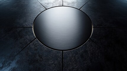 Dark metallic circular platform on textured surface, illuminated from above.