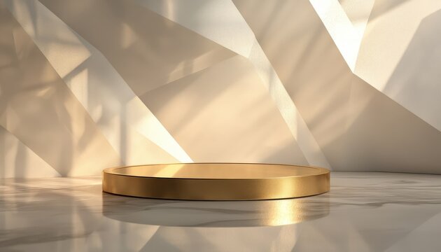 Elegant Gold Podium on Marble Floor with Geometric Beige Background