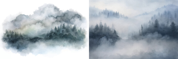 Enigmatic mist surrounds a tranquil forest landscape, evoking feelings of peace and serenity.